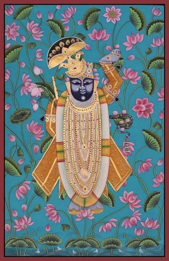 Pichwai Painting of Shrinathji Darshan Hand Painted on Cloth Home