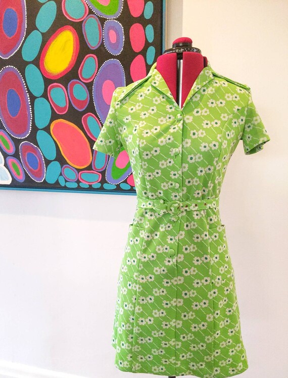 Retro Floral Mini Dress Celery Green Matching Belt