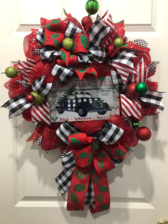 Large Red And Black Christmas Wreath Merry Christmas Door Etsy
