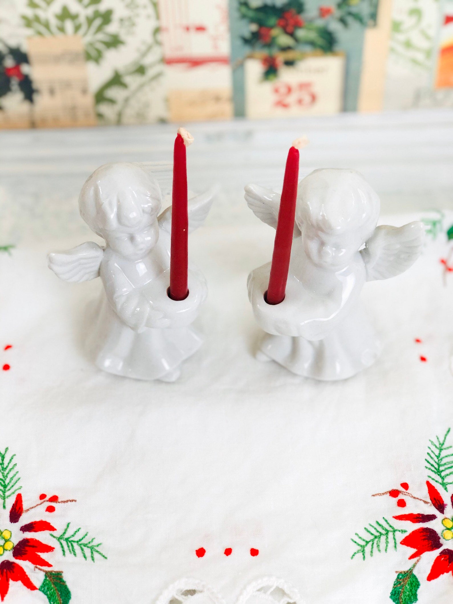 Pair of Vintage White Ceramic Angel Candleholders With Candles Etsy