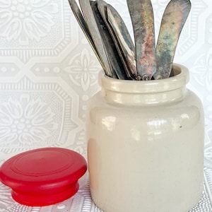 Vintage Stoneware Mustard Jar with red rubber lid