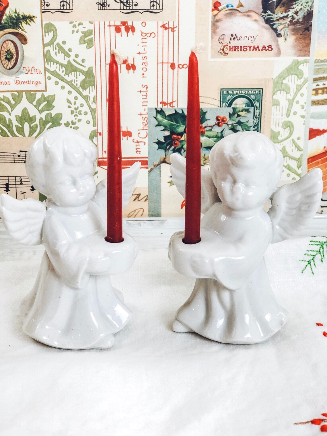 Pair of Vintage White Ceramic Angel Candleholders With Candles Etsy