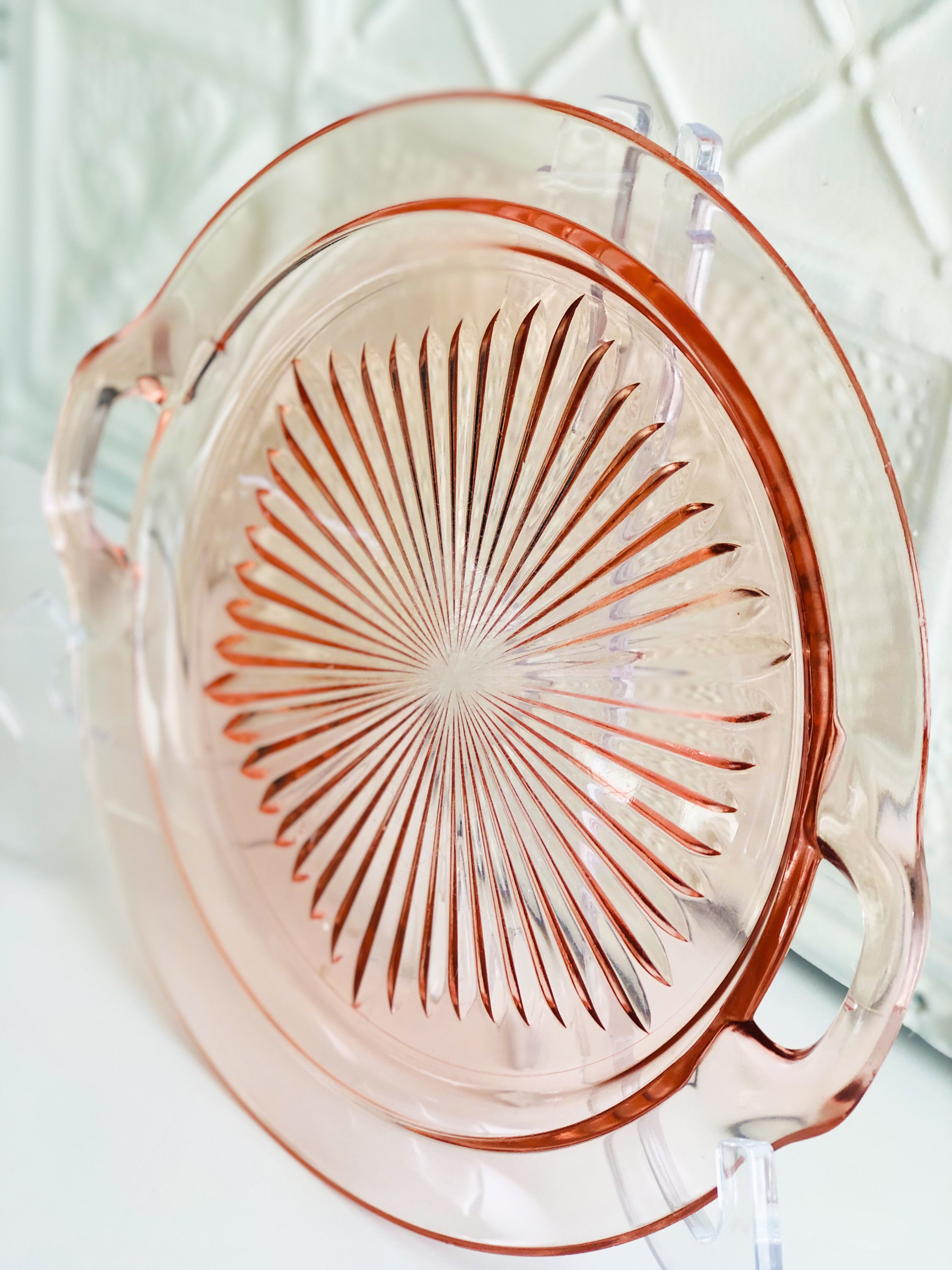 Pink Depression Glass Handled Cakeplate With Starburst Etsy