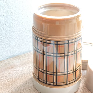 Vintage wide mouth thermos bottle with stopper and lid  ~ Alladin’s Best Buy in plaid pattern.