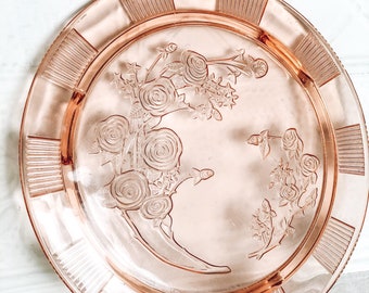 Vintage Salmon/Pink Glass Footed Cake Plate in “Cabbage Rose” pattern by Federal Glass Co.