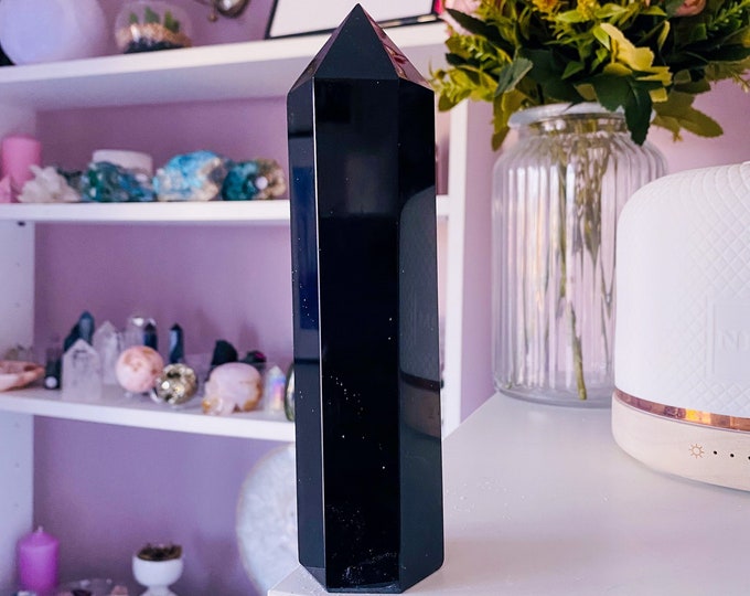 1) Black Obsidian Large Crystal Tower / Blocks Negativity / Absorbs Tension & Stress / Discourages Drama / Brings Strength And Courage