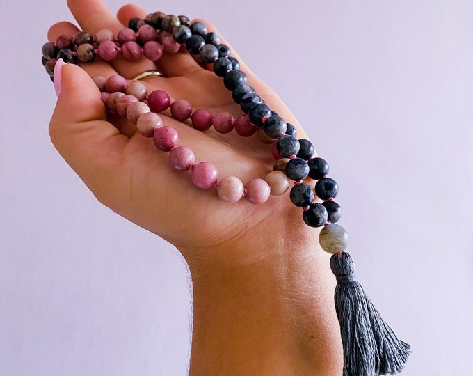 The Yang Crystal 108 Bead Mala Necklace / Rhodonite, Labradorite / Balance Masculine Energy, Helps You To See Both Sides of Life / Yin/Yang