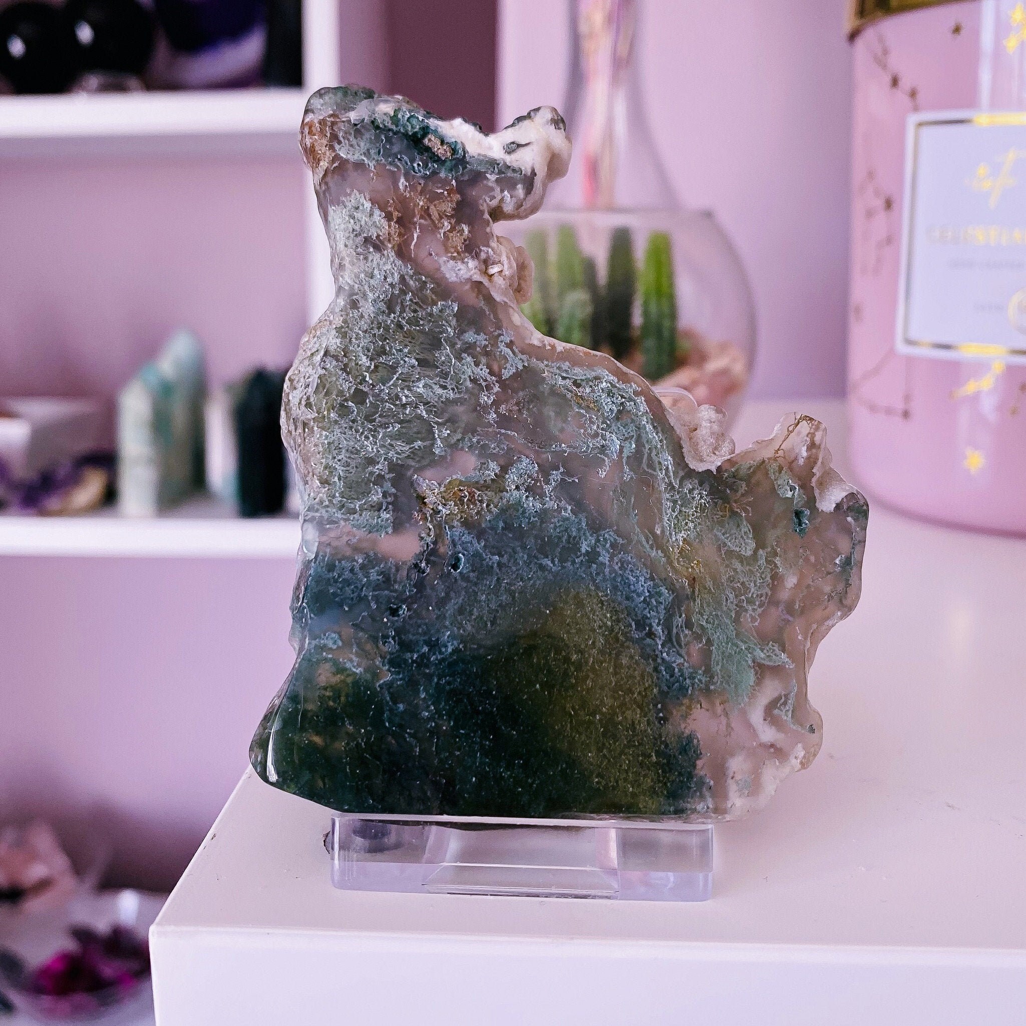 1) Green Moss Agate Crystal Slice / For New Beginnings / Refreshes The