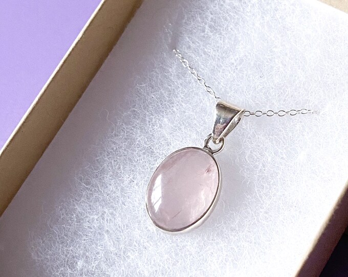 6) Rose Quartz Sterling Silver Oval Crystal 18" Necklace / Encourages Self Love, Unconditional Love & Reduces Anxiety / Love Crystal
