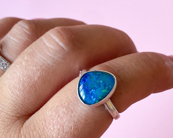 Australian Opal Sterling Silver Ring Size R / Encourages Positive Self Worth, Freedom & Independence / Spiritual + Psychic Crystal