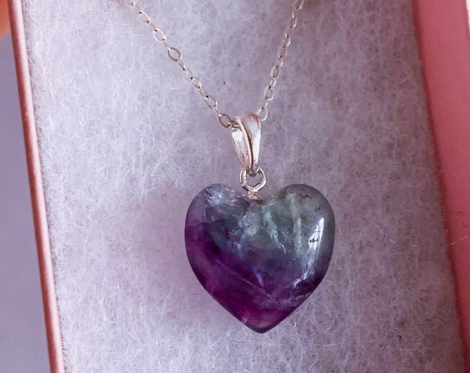 Sterling Silver Rainbow Fluorite Love Heart Necklaces / Choose Your Own / Absorbs Anxiety, Worry, Stress & Tension / Concentration, New Job