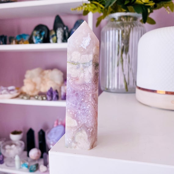 4) Pink Amethyst x Flower Agate Crystal Tower Point / Great For Soul Guidance & Being Open To All Love / Eases Anxiety, Stress, Nightmares