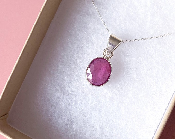 Faceted Ruby Oval Sterling Silver Crystal 18" Necklaces / Promotes Loving, Nurturing, Health, Knowledge & Wealth / Enhances Energy