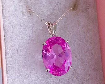 Siberian Pink Sapphire Large Oval Sterling Silver Crystal 18" Necklaces / Increases Intuition, Clarity & Good Luck / Gift For Her / Present