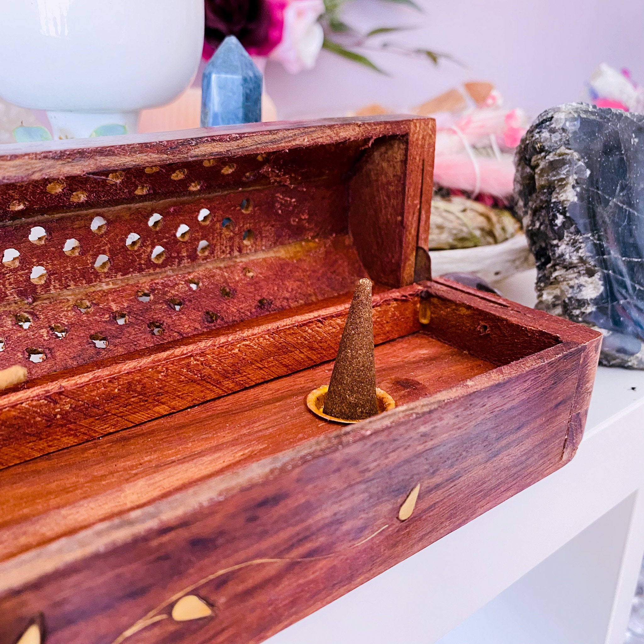 Natural Wooden Gold Leaf Incense Holder / Free Incense Sticks / Incense