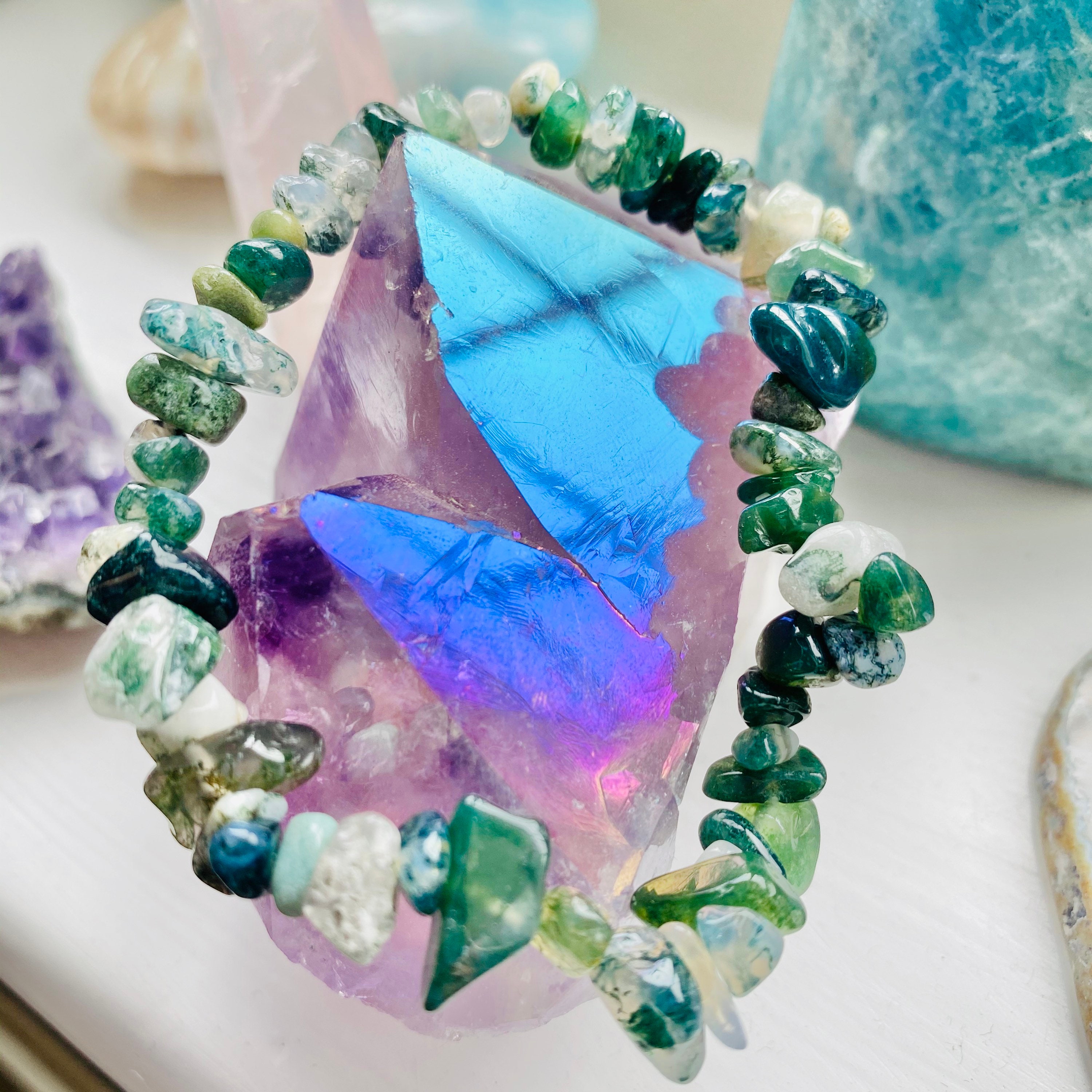 Green Moss Agate Crystal Chip Bracelet / For New Beginnings / Refreshes