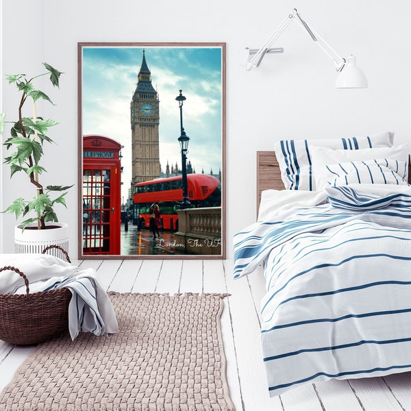 London City Art, Big Ben Art, UK Art, Red Telephone Box Art, Red Bus Art, London Bridge Art, Instant Download, Digital Printable, Home Décor