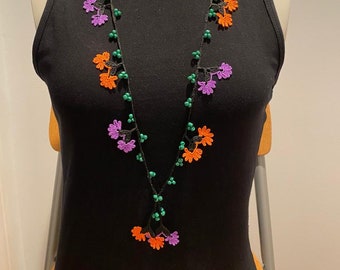 Orange, purple and green hand crochet flower necklace with beads, boho, personalized jewelry, turkish, women's gift