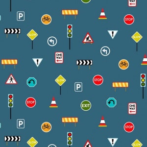 Around Town Road Signs on Blue | Quilting | Sewing | Dress Making | 100 % cotton |