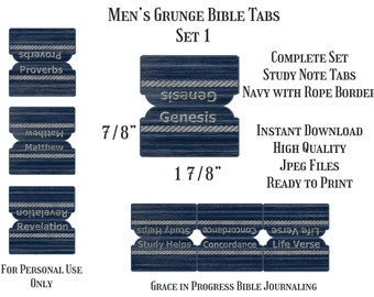 May include: A set of printable Bible tabs in a navy blue grunge style with a rope border. The tabs are 1 7/8 inches wide and 7/8 inches tall. The set includes tabs for Genesis, Matthew, Proverbs, Revelation, Life Verse, Concordance, and Study Helps.