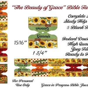 Sunflower Art Bible Tabs, Women&#39;s Large Print Bible Tabs, Books of the Bible, Scripture Art Tabs, Printable Bible Tabs, Bible Tab Dividers