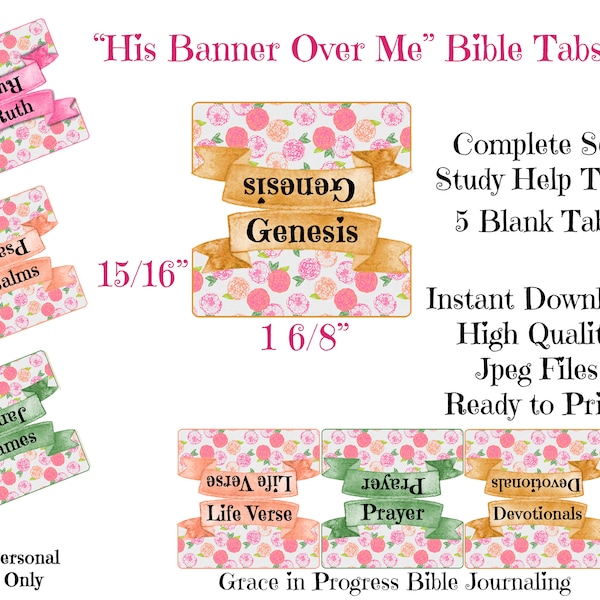 Floral Art Banner Bible Tabs, Women's Large Print Bible Tabs, Books of the Bible, Watercolor Bible Tabs, Scripture Art Printable, Bible Art