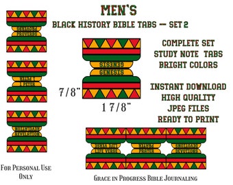 May include: Set of printable Bible study note tabs in bright colors with a black history theme. The tabs are 7/8 inch wide and 1 7/8 inches tall. The tabs feature the names of books of the Bible, including Proverbs, 1 Peter, Revelation, Genesis, Life Verse, Prayer, and Devotions.