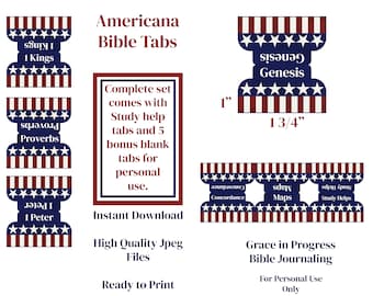 May include: Americana Bible Tabs printable set with red, white, and blue patriotic design. Includes tabs for Genesis, Proverbs, 1 Kings, 1 Peter, Concordance, Maps, and Study Helps.  Also includes 5 blank tabs.  1 inch by 1 3/4 inch tabs.