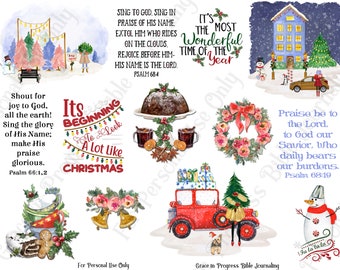 Könnte beinhalten: Ein digitaler druckbarer Bogen mit Aquarell-Illustrationen von Weihnachtsszenen, darunter ein Schneemann, ein Haus, ein Auto mit Geschenken, ein Kranz, ein Lebkuchenmann und ein Weihnachtspudding. Der Bogen enthält auch mehrere Bibelverse über Weihnachten und Lobpreis.