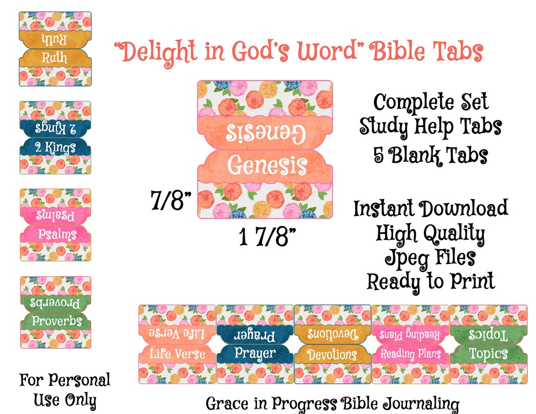Rainbow Floral Bible Tabs, Women's Large Print Bible Tabs, 66 Books of ...