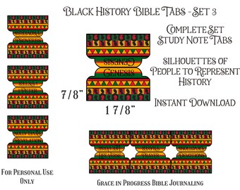 May include: Set of 6 printable Bible study note tabs featuring black silhouettes of people. The tabs are 7/8 inch wide and 1 7/8 inches tall. The tabs are labeled with the following Bible books: Proverbs, 1 Peter, Revelation, Genesis, Life Verse, Prayer, and Devotions.