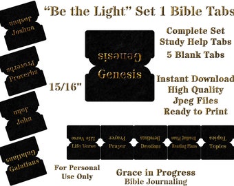 May include: A set of printable Bible tabs with gold lettering on a black background. The tabs are 15/16 inches wide and include titles like "Genesis", "Joshua", "Proverbs", "John", and "Galatians". The set also includes tabs for "Life Verse", "Prayer", "Devotions", "Reading Plans", and "Topics".