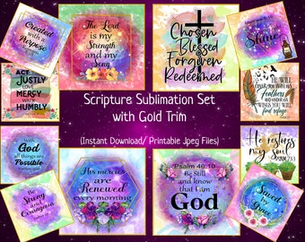 May include: A set of 10 digital printable sublimation designs featuring watercolor backgrounds with gold trim and inspirational bible verses. The designs include phrases like "Chosen Blessed Forgiven Redeemed", "With God all things are possible", and "His mercies are renewed every morning".