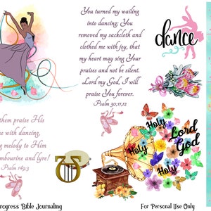 Puede incluir: Una hoja imprimible digital con ilustraciones de acuarela de una bailarina, un gramófono, un pandero, un arpa y mariposas. La hoja incluye versículos bíblicos sobre bailar y alabar a Dios. El texto dice "Que alaben su nombre con danzas, que le hagan melodías con el pandero y el arpa! Salmo 149:3", "Tú has cambiado mi lamento en danzas; has quitado mi saco y me has vestido de alegría, para que mi corazón cante tus alabanzas y no se calle. Señor, Dios mío, te alabaré para siempre. Salmo 30:11,12", "Santo Santo Señor Dios Santo", y "bailar".