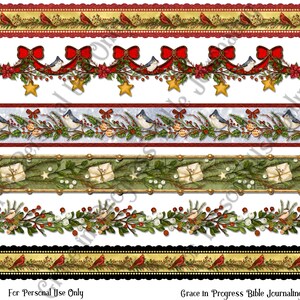 May include: Six different Christmas themed borders with red cardinals, blue birds, holly, berries, bows, stars, and presents. The borders are on a white background. The text "For Personal Use Only" and "Grace in Progress Bible Journaling" is at the bottom of the image.
