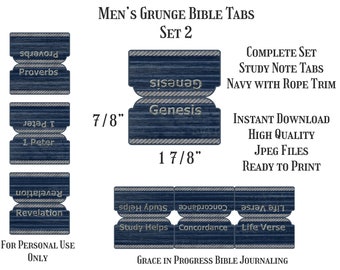 May include: A set of 10 navy blue Bible tabs with rope trim. The tabs are 7/8 inches wide and 1 7/8 inches tall. The tabs are labeled with the following book titles: Genesis, Proverbs, 1 Peter, Revelation, Life Verse, Concordance, Study Helps. The text "Complete Set Study Note Tabs Navy with Rope Trim" is also included in the image. The text "Instant Download High Quality JPEG Files Ready to Print" is also included in the image. The text "For Personal Use Only" is also included in the image. The text "Grace in Progress Bible Journaling" is also included in the image.