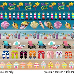 May include: A digital paper pack with six different strips of beach-themed illustrations. The strips feature lighthouses, seashells, cocktails, beach chairs, flip-flops, and beach houses. The text "Fun in the Sun" appears on the top strip.