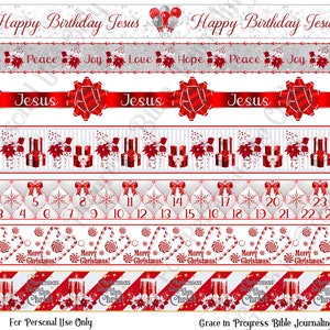 May include: A digital printable sheet with red, white, and silver Christmas themed borders. The borders include the words "Happy Birthday Jesus", "Hope", "Peace", "Joy", "Love", "Jesus", and "Christmas Begins with Christ".