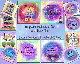 May include: A set of 10 printable sublimation designs featuring watercolor backgrounds with inspirational Christian quotes. The designs include phrases like "Chosen Blessed Forgiven Redeemed", "The Lord is my Strength and my Song", "Let your light shine", "He restores my soul", "Be Strong and Courageous", "His mercies are renewed every morning", "Created with a Purpose", "Be Still and know that I am God", "The will cover you with his feathers", and "With God all things are possible".