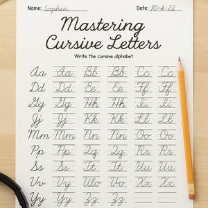 May include: A worksheet titled "Mastering Cursive Letters" with the cursive alphabet written out. A pencil and headphones are on the side. The date is 10-4-22 and the name is Sophia.