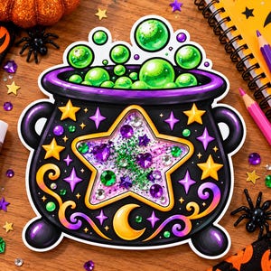 May include: A black cauldron sticker featuring a central star-shaped shaker window filled with purple and green glitter and gems. The cauldron is decorated with yellow stars, a crescent moon, and swirls, with bright green bubbles rising from the top.