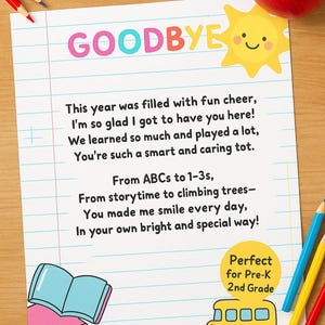 Carta de despedida de un maestro a un estudiante imprimible / Poema de fin de año / Graduación de preescolar / Regalo para el último día de clases