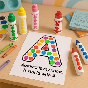 Mi nombre empieza con... / Alfabeto imprimible con puntos / Páginas de marcadores de puntos con nombres de la A a la Z / Manualidad divertida del alfabeto para niños