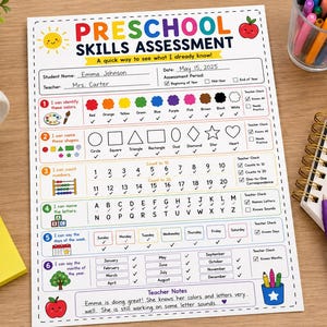 Può includere: Un foglio stampato di valutazione delle competenze prescolari con sezioni per colori, forme, numeri, lettere, giorni della settimana e mesi dell'anno. Il documento include un'intestazione con il titolo, un campo per il nome e note dell'insegnante.
