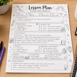 Può includere: Un modello di piano di lezione su carta bianca con testo nero e scarabocchi disegnati a mano tra cui un arcobaleno, una matita e un righello. Il modulo presenta sezioni per obiettivi, materiali, standard, procedure, valutazione e note.