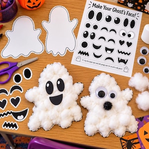May include: A DIY Halloween ghost craft kit featuring two ghost-shaped cutouts covered in white cotton balls, a sheet titled Make Your Ghost's Face with various paper eyes and mouths, purple scissors, googly eyes, and glue.