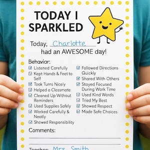 May include: A reward chart titled "TODAY I SPARKLED" with a yellow star graphic. The chart lists positive behaviors and has a space for comments, teacher, and date. The date is 10-24-23.