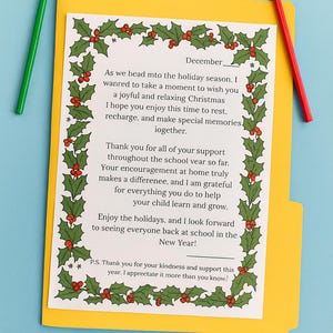 May include: A festive letter with a holly border, inside a yellow folder, with a green and red pencil. The letter conveys holiday wishes and gratitude. The text is in English.