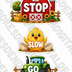May include: A set of three farm-themed illustrations. A red barn with the word "STOP", a yellow chick with "SLOW", and a green tractor with "GO". Each image has a white border and is set against a white background.