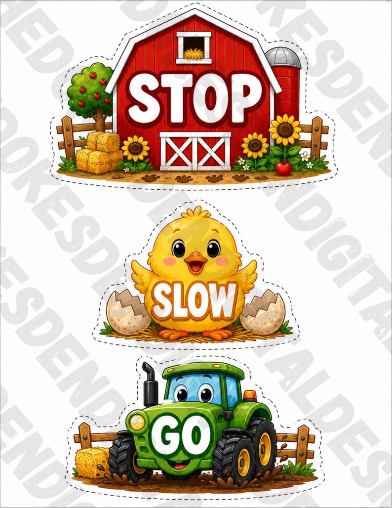 May include: A set of three farm-themed illustrations. A red barn with the word "STOP", a yellow chick with "SLOW", and a green tractor with "GO". Each image has a white border and is set against a white background.